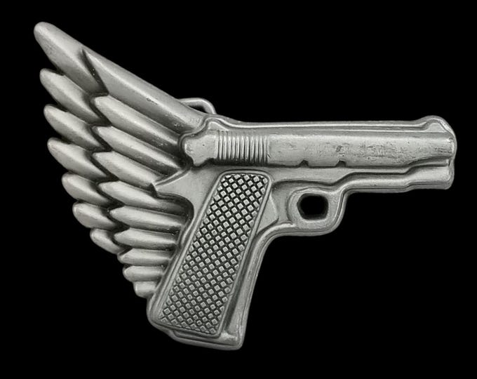 Winged Gun Pistol Belt Buckle Silver Tone Novelty Fashion Accessory