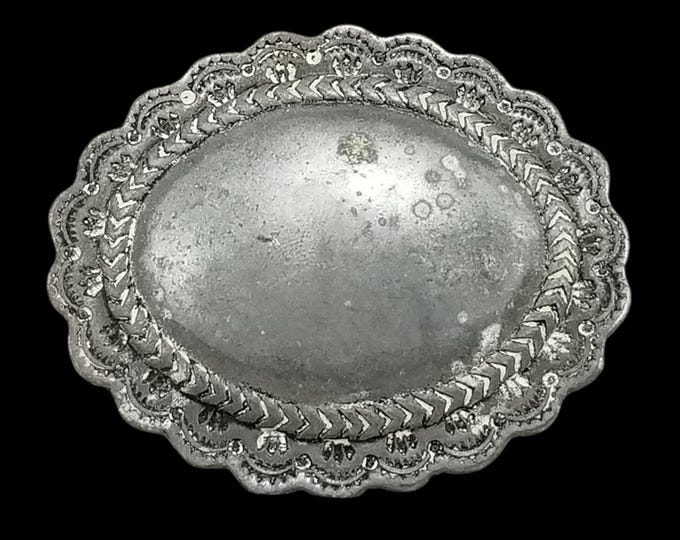 Belt Buckle Vintage Scalloped Oval Silver Tone Embossed Western Boho Accessory