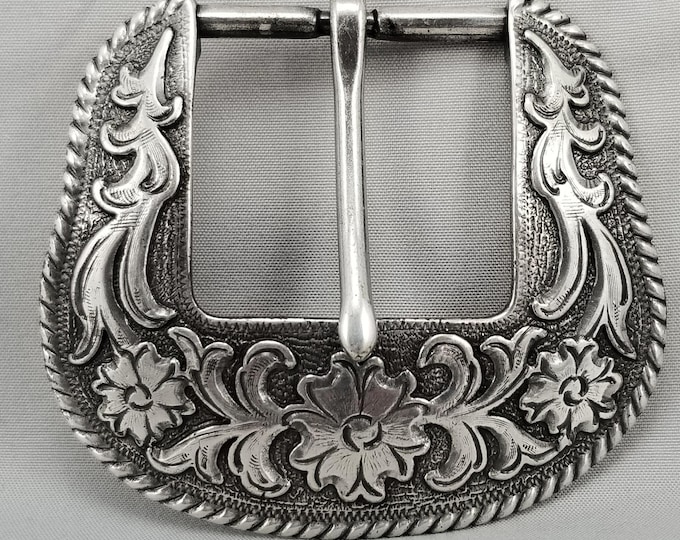 Vintage 1996 Floral Engraved Western Belt Buckle Rope Edge Taiwan ROC Pin Buckle