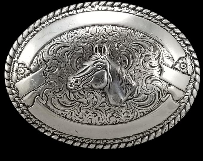 Crumrine Oval Silver Tone Horse Western Cowboy Belt Buckle Ornate Scrollwork