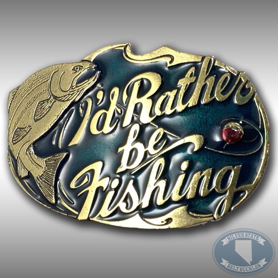 Vintage Belt Buckle Solid Brass 1985 I'd Rather Be Fishing Bass Fish USA Made
