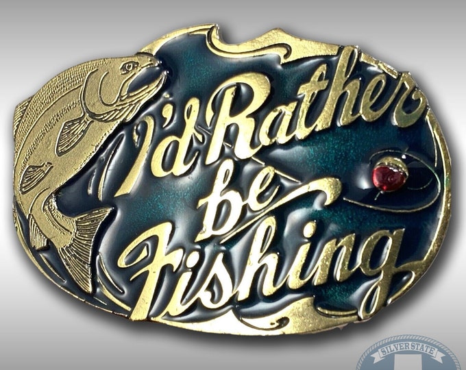 Vintage Belt Buckle Solid Brass 1985 I'd Rather Be Fishing Bass Fish USA Made