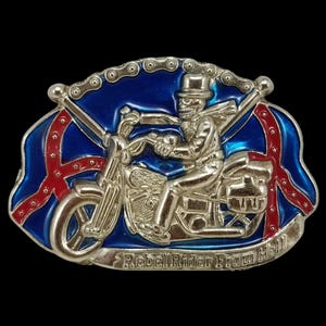 Rebel Rider From Hell Motorcycle Skeleton Enamel Stamped Belt Buckle