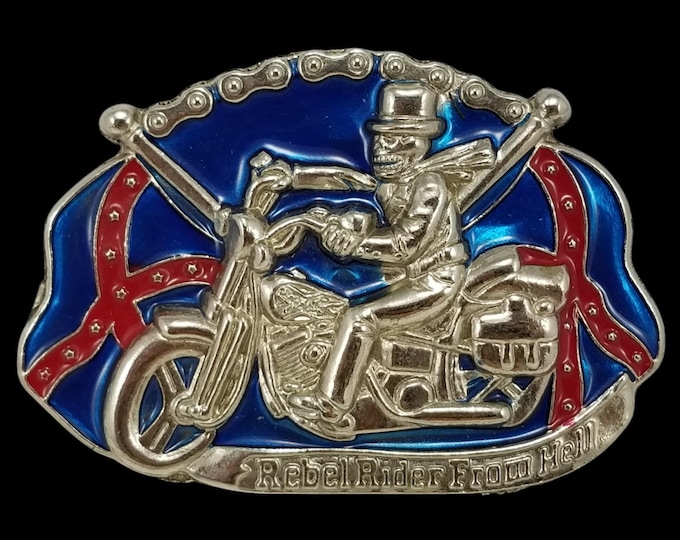 Rebel Rider From Hell Motorcycle Skeleton Enamel Stamped Belt Buckle