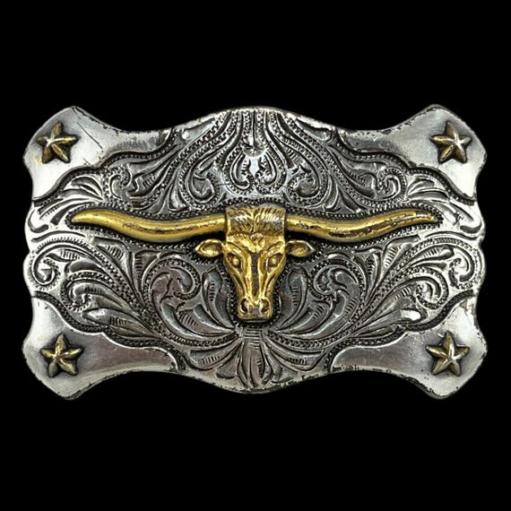 Belt Buckle Western Longhorn Bull Head Silver Gold Tone Engraved Star Buckle