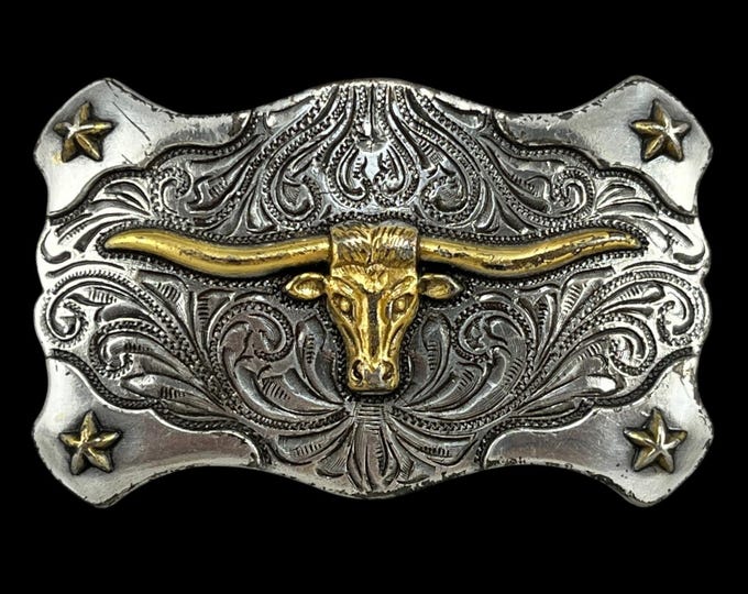 Belt Buckle Western Longhorn Bull Head Silver Gold Tone Engraved Star Buckle