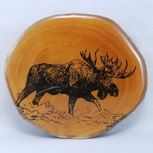 Vintage Belt Buckle Thick Wooden Printed Moose Enamel Covered W/ Brass Hardware