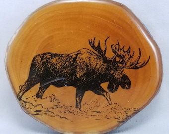 Vintage Belt Buckle Thick Wooden Printed Moose Enamel Covered W/ Brass Hardware