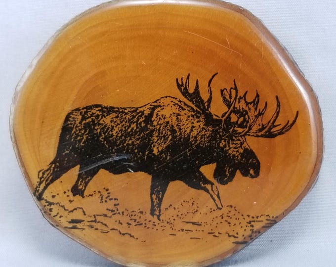 Vintage Belt Buckle Thick Wooden Printed Moose Enamel Covered W/ Brass Hardware