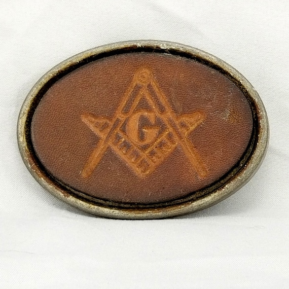 Belt Buckle Mason Masonic Freemason Fraternal Square Compass Leather Metal Back