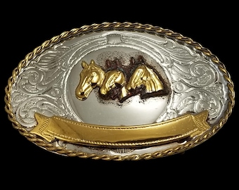 Western Belt Buckle German Silver Engraved Three Horses Gold Banner USA Made