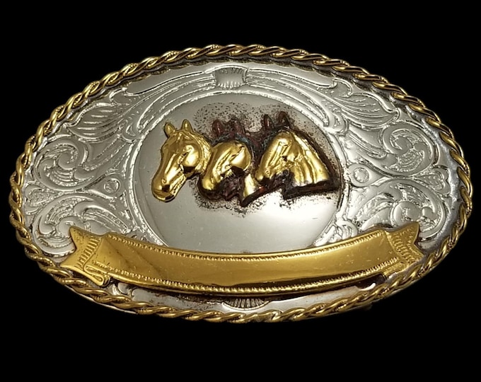 Western Belt Buckle German Silver Engraved Three Horses Gold Banner USA Made