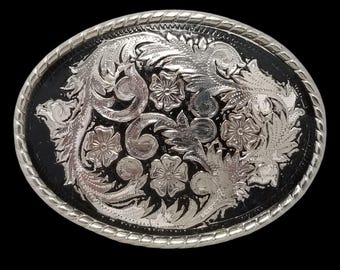 Vintage Belt Buckle Western Filigree Shiny Chrome Silver And Black Color USA W