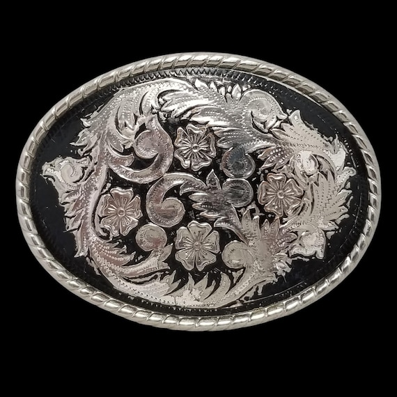 Vintage Belt Buckle Western Filigree Shiny Chrome Silver And Black Color USA W
