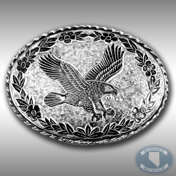 Belt Buckle American Bald Eagle Oval Flowers Border Western Filigree USA Made