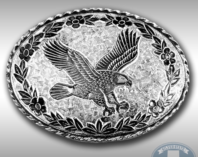 Belt Buckle American Bald Eagle Oval Flowers Border Western Filigree USA Made