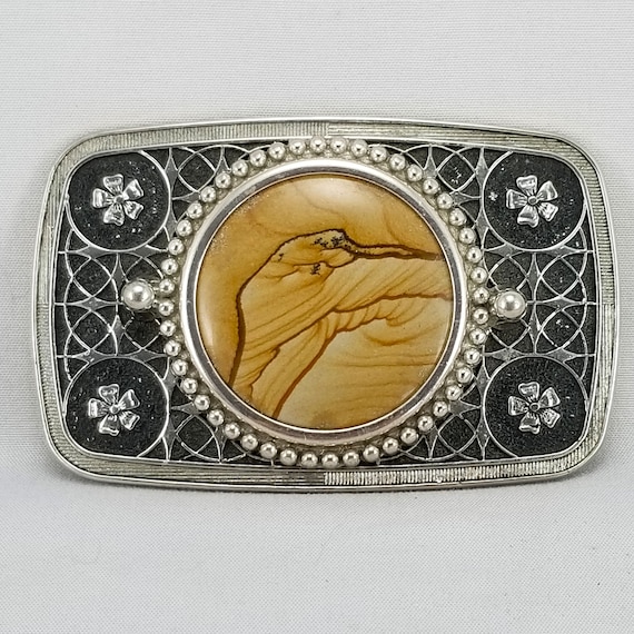 Vintage Belt Buckle Women's Unisex Western Filigree Stars Flowers Agate Cabochon