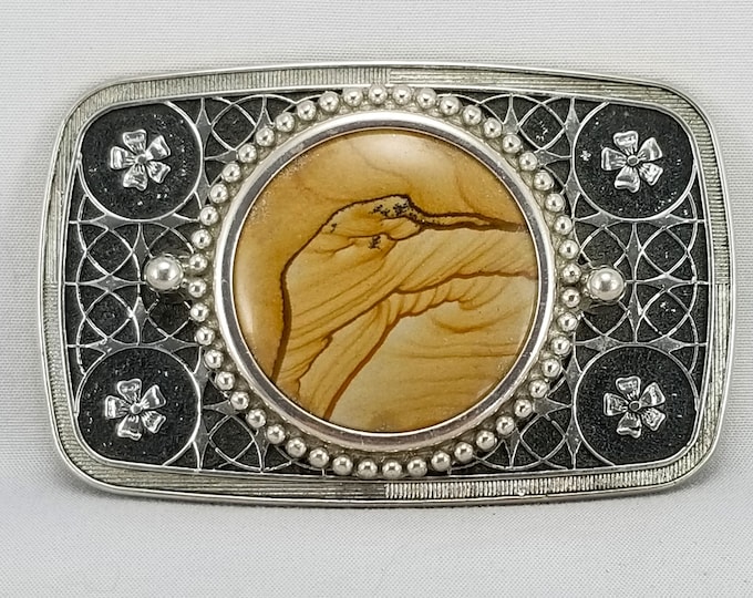 Vintage Belt Buckle Women's Unisex Western Filigree Stars Flowers Agate Cabochon