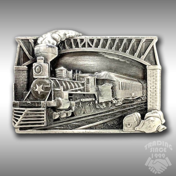 Vintage Belt Buckle Pewter 1983 Steam Engine Locomotive Train USA Bergamot Brass