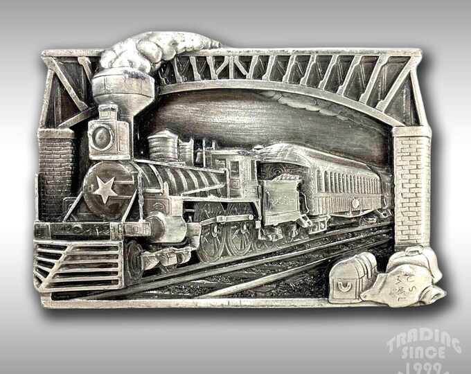 Vintage Belt Buckle Pewter 1983 Steam Engine Locomotive Train USA Bergamot Brass