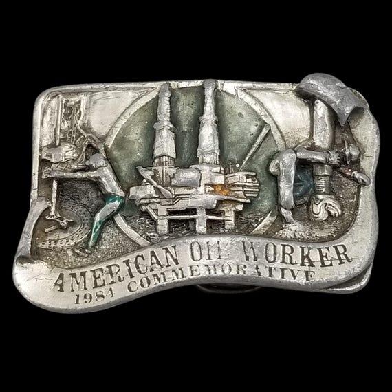 Vintage Belt Buckle 1984 Pewter American Oil Worker Commemorative Oil Industry