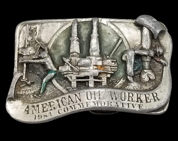 Vintage Belt Buckle 1984 Pewter American Oil Worker Commemorative Oil Industry