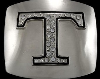 Hebilla de cinturón con inicial T en tono plateado y diamantes de imitación, accesorio de moda occidental