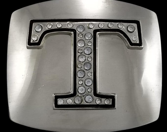 Silver Tone Initial T Rhinestone Belt Buckle Letter Western Fashion Accessory