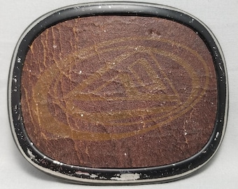 Belt Buckle Brown Leather On Metal Swirly Design Art Deco Minimalist Modern Gift