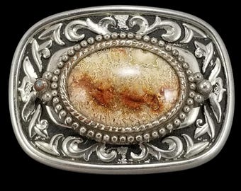 Western Native American Style Oval Belt Buckle with Agate Stone Silver Tone