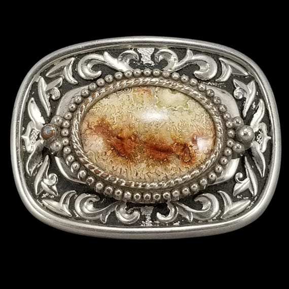 Western Native American Style Oval Belt Buckle with Agate Stone Silver Tone