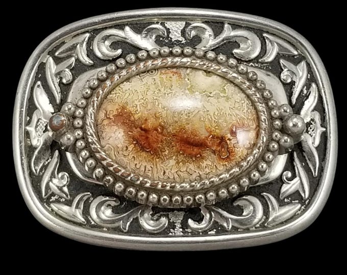 Western Native American Style Oval Belt Buckle with Agate Stone Silver Tone