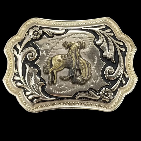 Western Rider Cowboy Rodeo Bucking Horse Doing Tricks Metal Belt Buckle USA