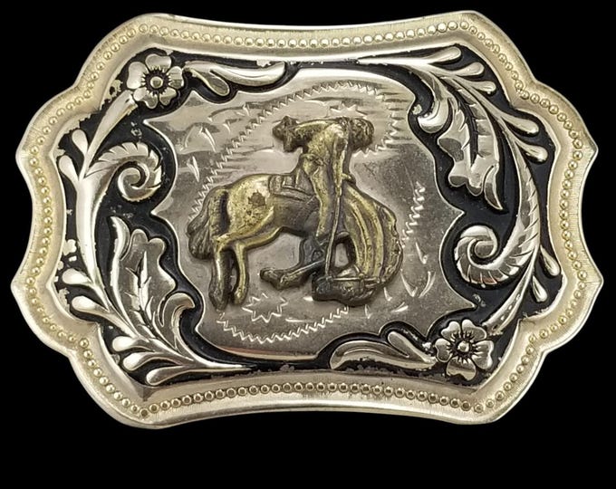 Western Rider Cowboy Rodeo Bucking Horse Doing Tricks Metal Belt Buckle USA