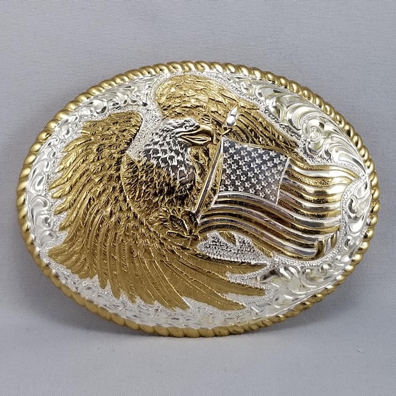 Crumrine Silver Electroplate on Jewelers Bronze Eagle American Flag Belt Buckle