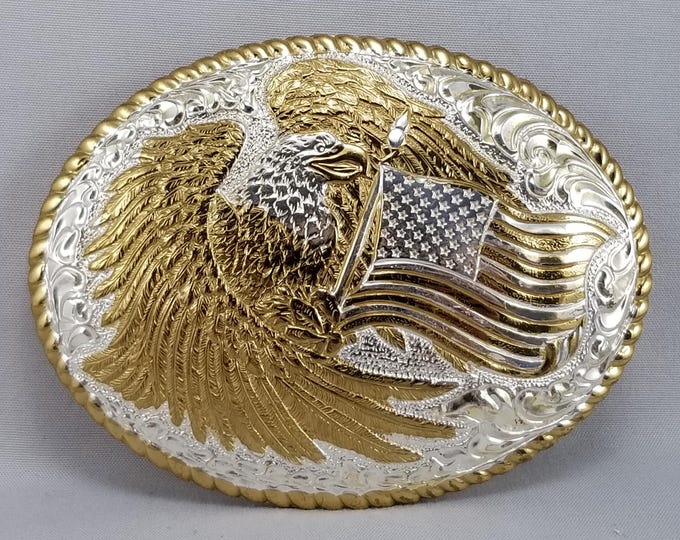 Crumrine Silver Electroplate on Jewelers Bronze Eagle American Flag Belt Buckle