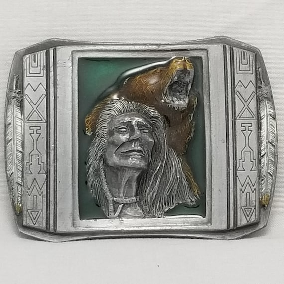Belt Buckle Pewter 1990 The Guardian Native American Indian Chief With Bear Art