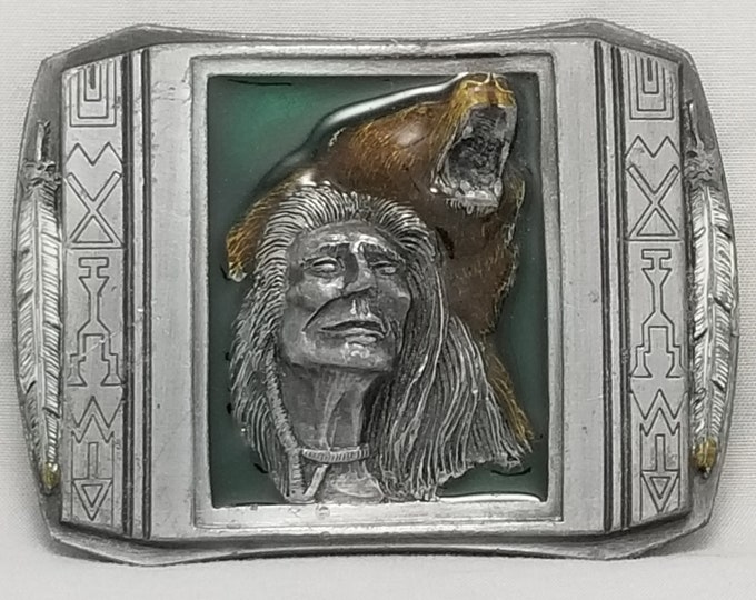 Belt Buckle Pewter 1990 The Guardian Native American Indian Chief With Bear Art