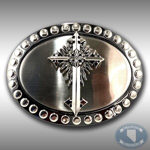 Vintage Belt Buckle Big Cross Oval Silver Color Goth Christian Religion Jesus Christ