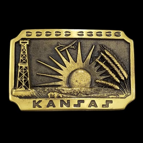 Vintage 1979 Kansas Solid Brass Belt Buckle Heritage Mint Ltd Oil Wheat 10-1858