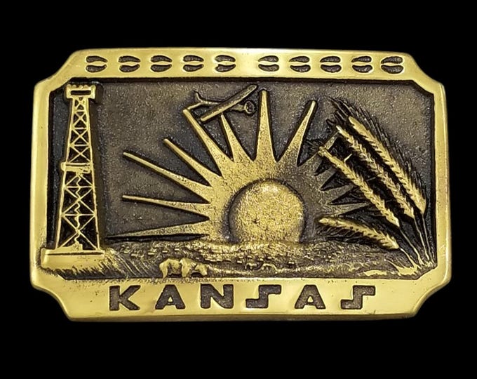 Vintage 1979 Kansas Solid Brass Belt Buckle Heritage Mint Ltd Oil Wheat 10-1858