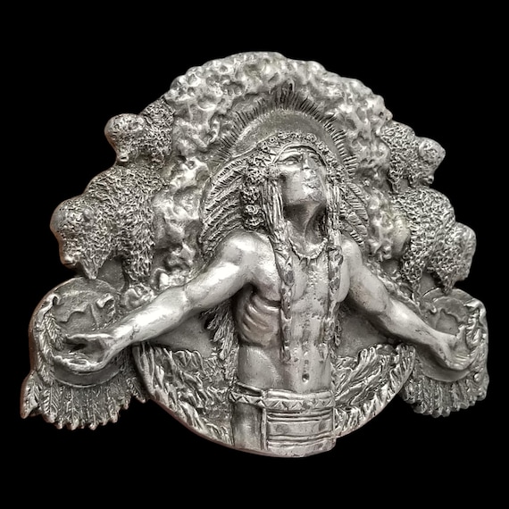Vintage Belt Buckle Pewter 1981 Praying Indian Chief Native American Buffalos