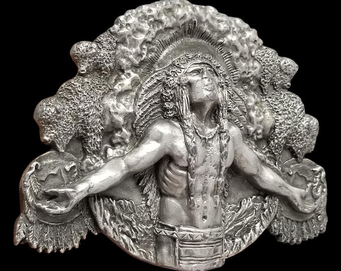 Vintage Belt Buckle Pewter 1981 Praying Indian Chief Native American Buffalos