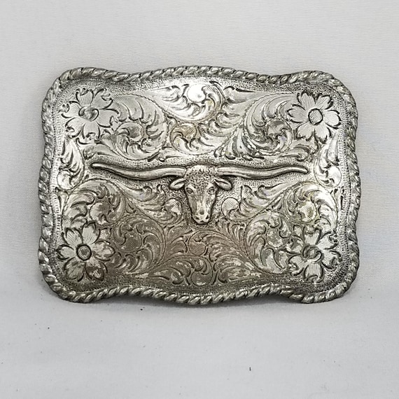 Vintage Nocona Longhorn Belt Buckle, Engraved Silver Western Cowboy Buckle