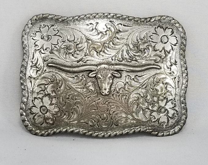 Vintage Nocona Longhorn Belt Buckle, Engraved Silver Western Cowboy Buckle