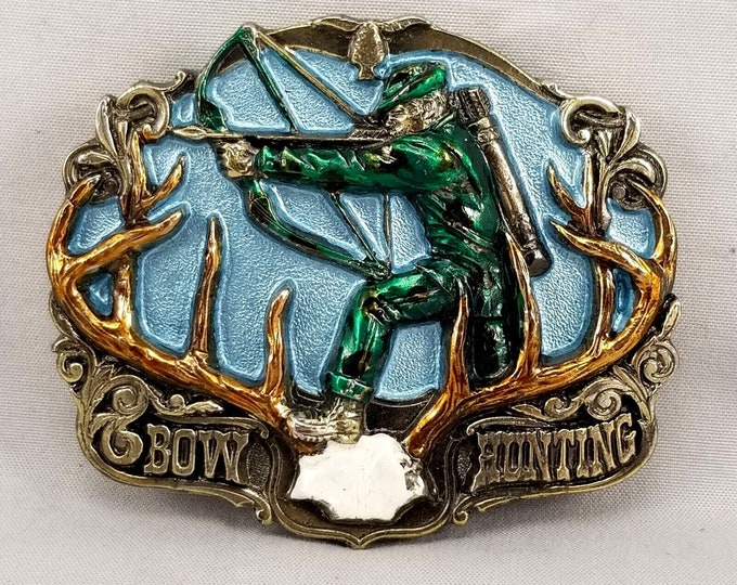 Belt Buckle 1986 Bow Hunting Deer Antlers Hunter Archery Painted Made In The USA