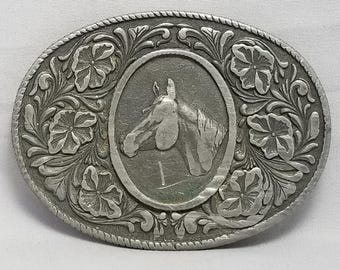 Belt Buckle 1974 Horse Head Flowers Rope Edge Oval Shape Western Cowboy Rodeo US