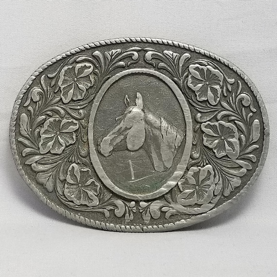 Belt Buckle 1974 Horse Head Flowers Rope Edge Oval Shape Western Cowboy Rodeo US