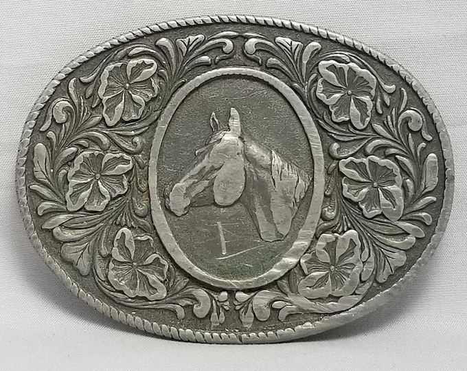 Belt Buckle 1974 Horse Head Flowers Rope Edge Oval Shape Western Cowboy Rodeo US