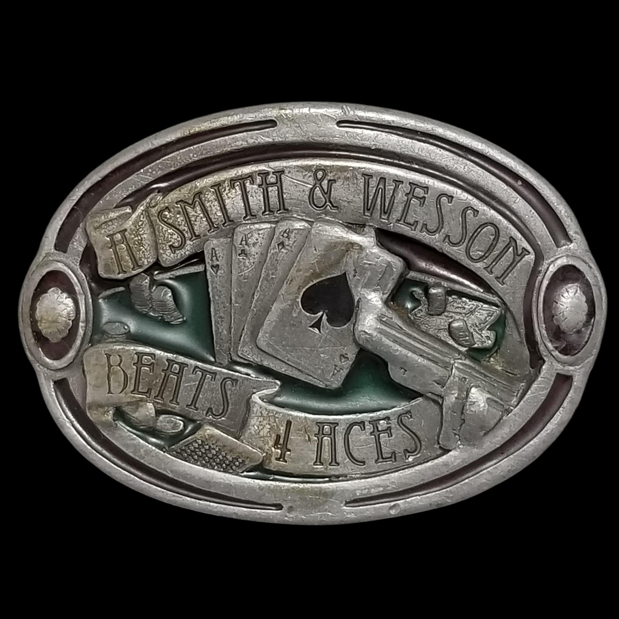 VTG Belt Buckle 1988 Pewter A Smith & Wesson Beats 4 Aces  display picture 1
